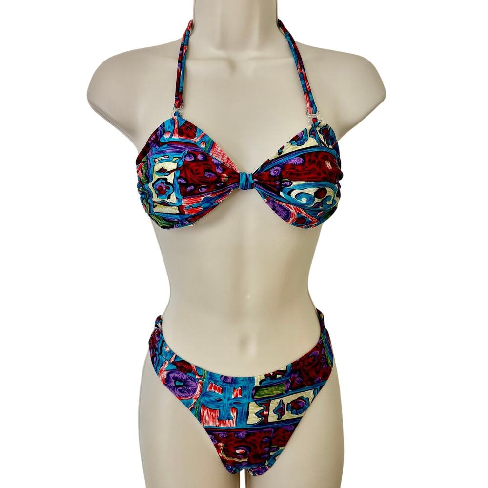 Vintage 80's Jumping Joy Geo Art Print Bikini Hi Cut Bandeau Retro Boho Coastal